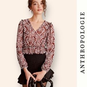 Anthropologie Burgundy Jacquard‎ Peasant Blouse, Size XS, MSRP $110